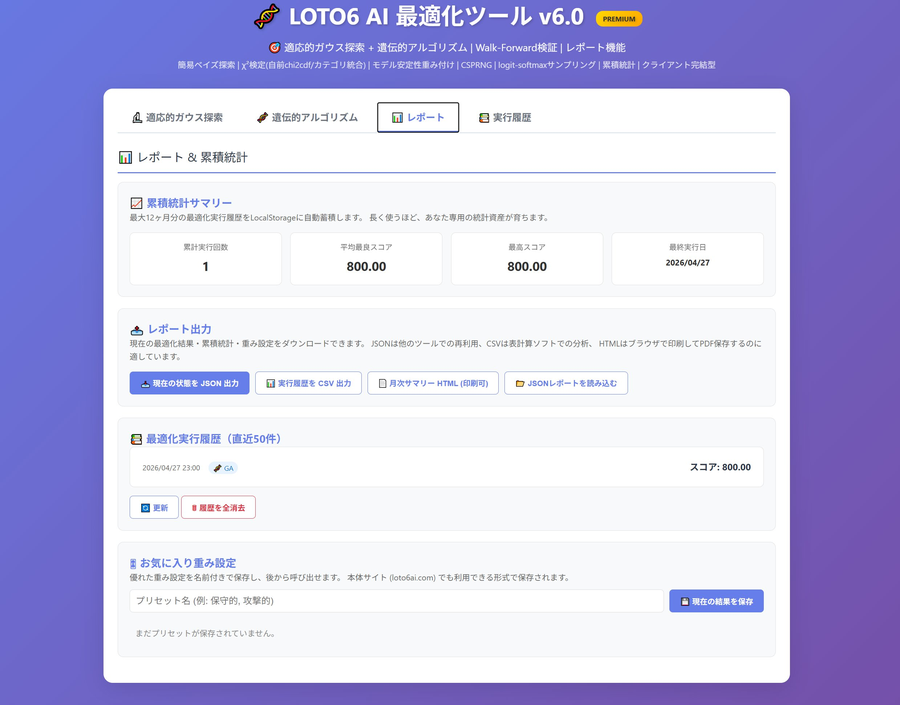 レポートと累積統計サマリーの画面